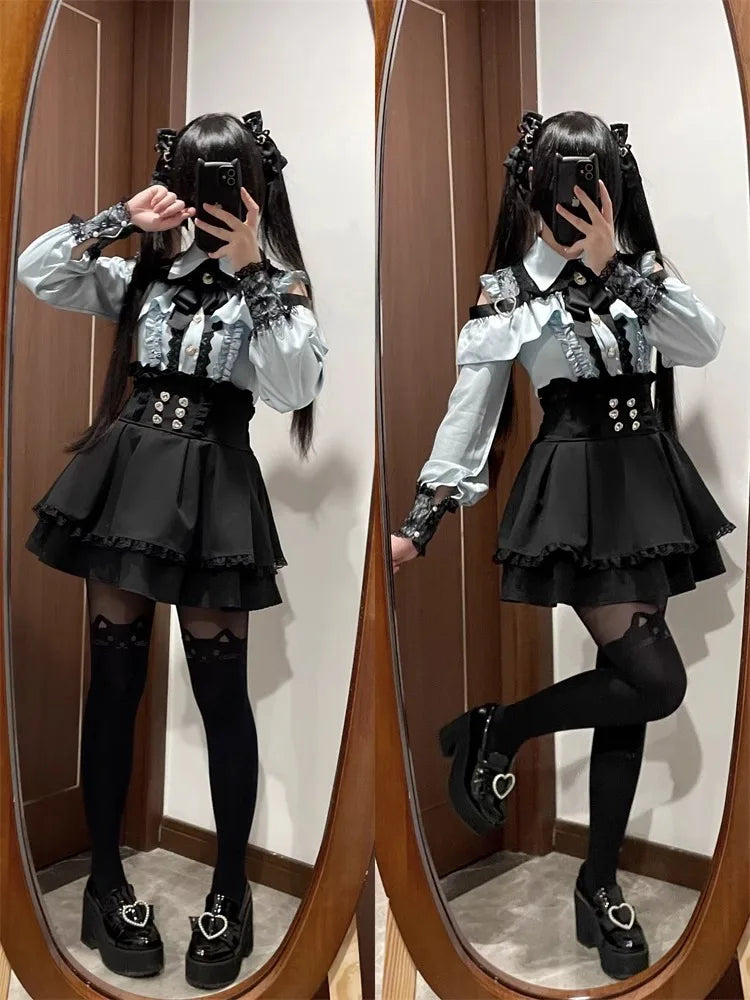 Women‘s Lolita Set Dark Femme Mesh Top & Waist Cinching Skirt, 2025 Autumn Japanese Street Style Coord for Gothic Baddie Fashion
