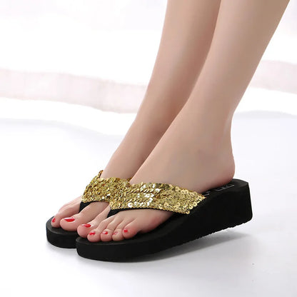 Women Summer Sandals Sequins Beach Female Flip Flops Ladies Slippers High Heels Shoes For Women 2024 Platform Wedges Slippers