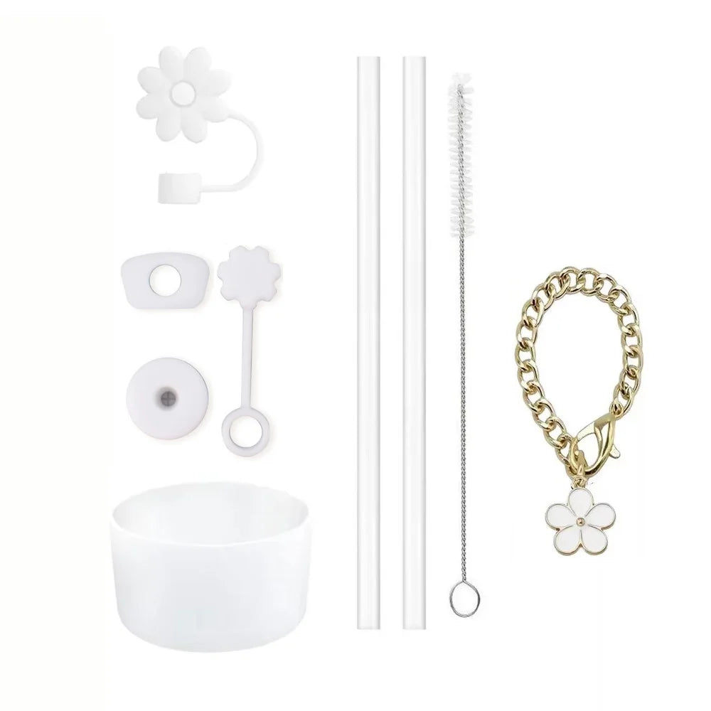 Cup Accessories for Stanley Cup Set of 9 Straw and Brush and 1 Flower Charm Chain 3 Spill Proof Stopper Flowers Straw Cover Boot