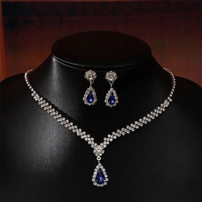 2Pcs/lot Simple Fashion Geometric Zircon Necklace Earrings Kit For Women Wedding Bride Jewelry Set Accessories Gift