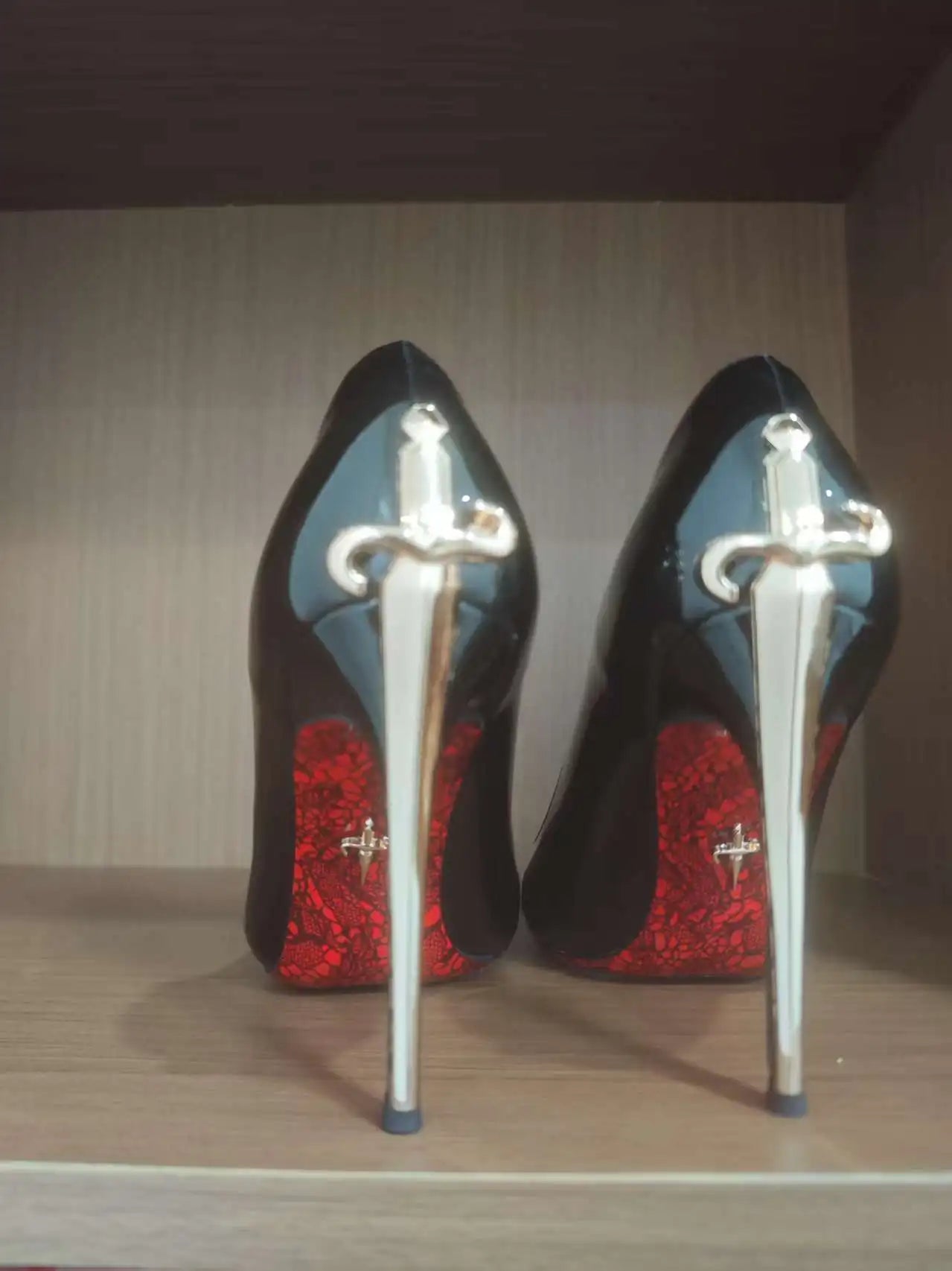 Metallic Dagger High Heel Pointed Toe Women's Shoes Ultra-Finch Skin Printed Red Bottom Comfortable Wear Ultra High Heels