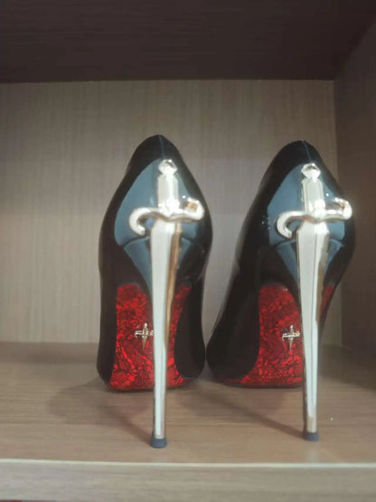 Metallic Dagger High Heel Pointed Toe Women's Shoes Ultra-Finch Skin Printed Red Bottom Comfortable Wear Ultra High Heels