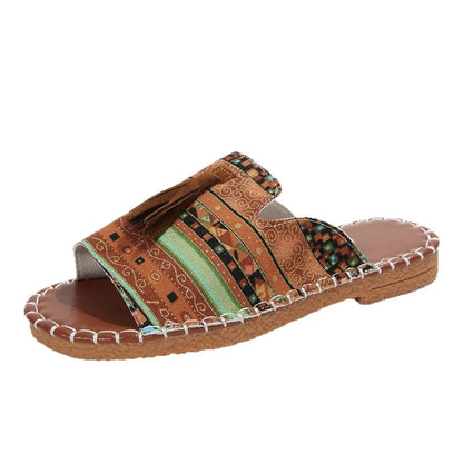 Southeast Asian Bohemian Tassel Flat Bottom Sandals Women's Outdoor Wear Soft Bottom Beach Cool Slippers Fringe Trend