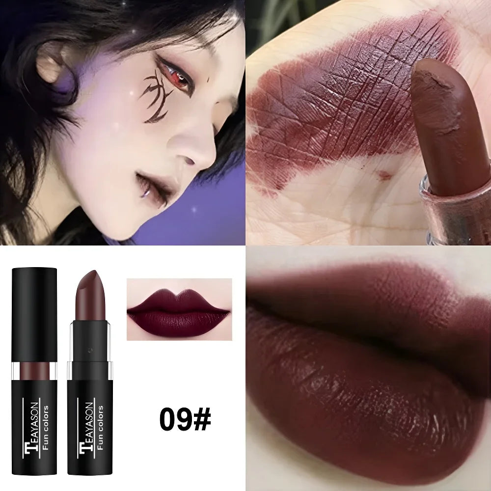 12 Colors Matte Nude Clay Lipstick Vampire Makeup Punk Black Lip Gloss Dark Paint Stick Durable Waterproof Lasting Cosmetics