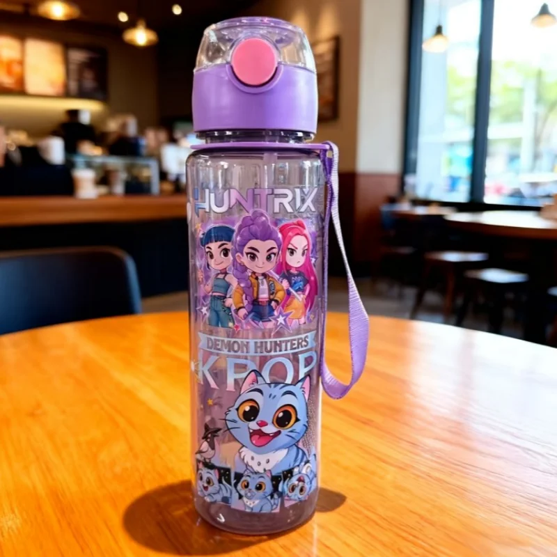 K Pop Demon Hunters Kawaii Cartoon Figure Water Bottle – Girls’ Summer Sports Large Capacity Plastic Bottle | Portable for Hikin