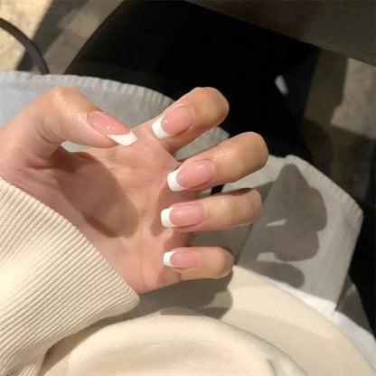 24Pcs/Set Pink Bow French Fake Nails Art Cute with Diamonds Girls Reusable Ballet Press on Nail Tips Oval Acrylic Stick on Nails