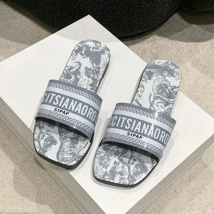 New Summer Flat Bottom Sandals Women's Outdoor Wear Sparkling Diamond One-Strap Fairy Style Sandals Trendy Ins Flat Sandals