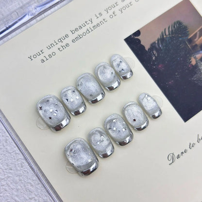 10Pcs Handmade Press on Nails Cat's Eye Shimmering Star Silver French False Nail for Women&Girls Removable Wearable Fake Nail