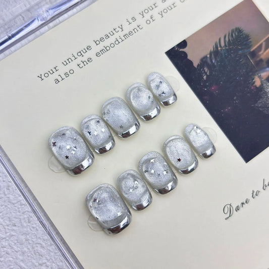 10Pcs Handmade Press on Nails Cat's Eye Shimmering Star Silver French False Nail for Women&Girls Removable Wearable Fake Nail