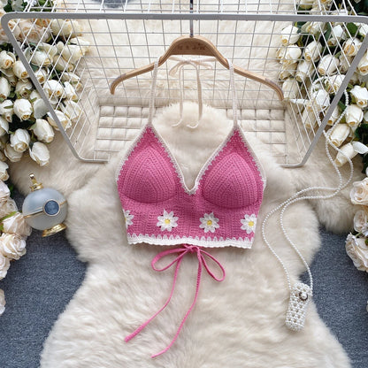 Vacation Style Camis Vest Women Patchwork Sweet Hook Flower Sexy Backless Suspender Camisole Hanging Neck Outwear Crop Tops