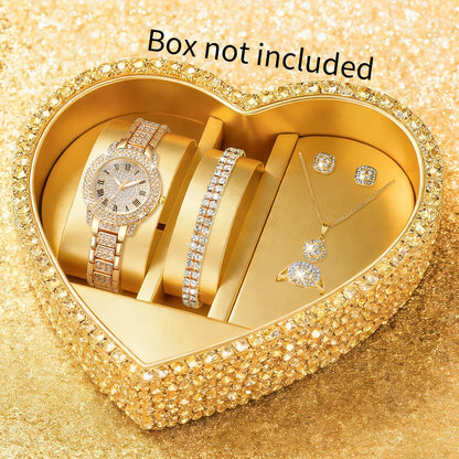 6PCS Fashion Roma Dial Women Quartz Watch Diamond Jewelry Set Elegant Rhinestone Ladies Wristwatches Girls Gift (Without Box)