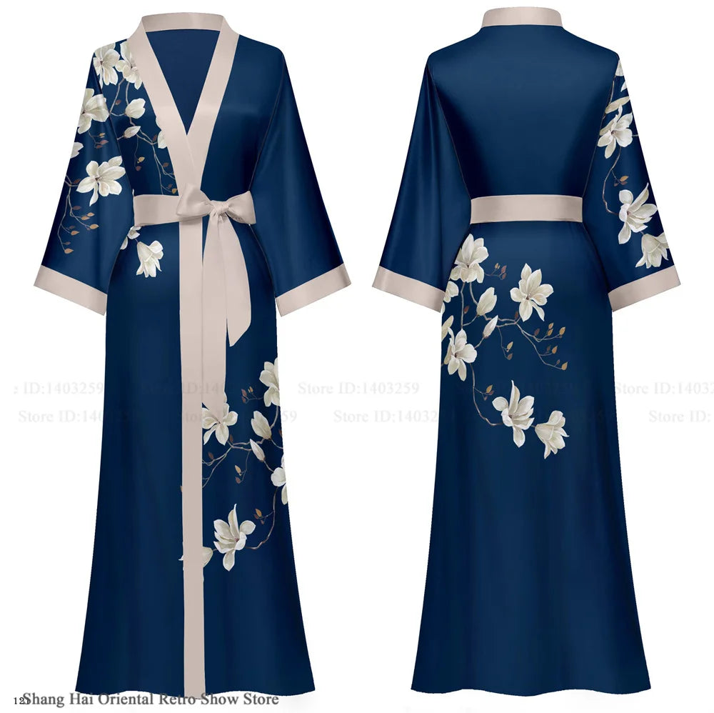 Elegant Print Flower Women Long Robe Loungewear Silky Satin Kimono Bathrobe Gown Spring Autumn New Sleepwear Home Dress Negligee