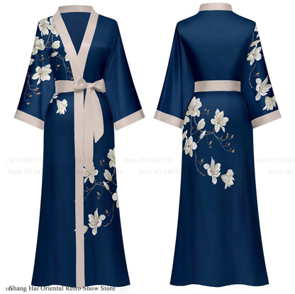 Elegant Print Flower Women Long Robe Loungewear Silky Satin Kimono Bathrobe Gown Spring Autumn New Sleepwear Home Dress Negligee