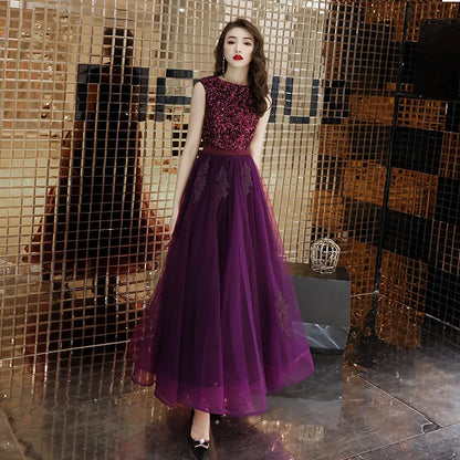Luxury dark purple Fashion lady girl lady women prom performance bridesmaid dress princess party gown