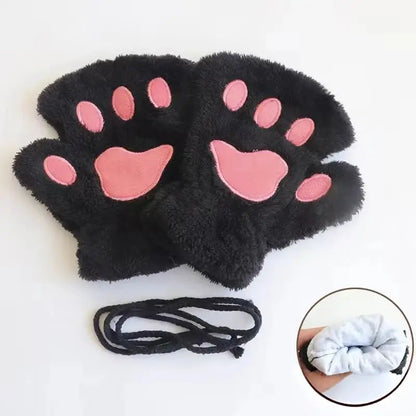 Cute Fashion Cat Paw Fingerless Gloves with Hanging Rope Soft Cold Proof Thickened Plush Gloves Suitable for Cycling and Writing