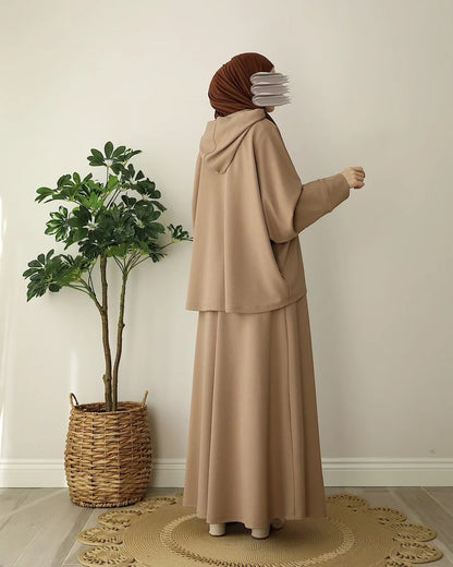 2pcs Knit Muslim Sets Womem Jilbab Casual Abaya Hooded Tops+Skirts Suits 2 Piece Hijab Set Kaftan 2026 Ramadan Eid Islam Clothes