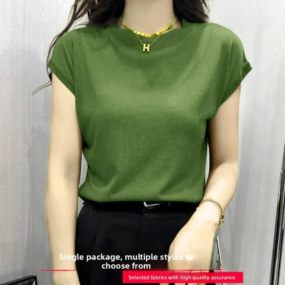High Elasticity Ice Silk Thread Summer New Loose Women's T-Shirt Short Sleeve Crew Neck Simple Style Pure Color Top