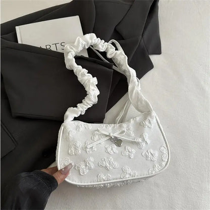 Chic Crescent Bag for Women with Bow Floral Print Pleated Design Trendy Crossbody Bag Sweet Girl's Luxurious Commuter Handbag