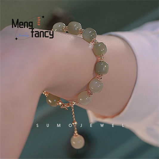 Natural Hetian Jade Beaded Bracelet for Women Unique Vintage Design Handmade Jewelry Elegant Boho Gift Trendy Minimalist Style