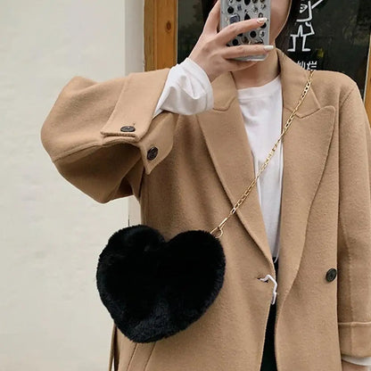 Fashion Women's Heart Shaped Handbags Cute Kawaii Faux Fur Crossbody Bags Wallet Purse Plush Chain Shoulder Bag Lady Handbag