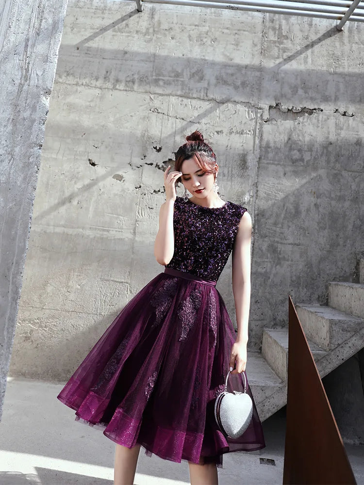 Luxury dark purple Fashion lady girl lady women prom performance bridesmaid dress princess party gown