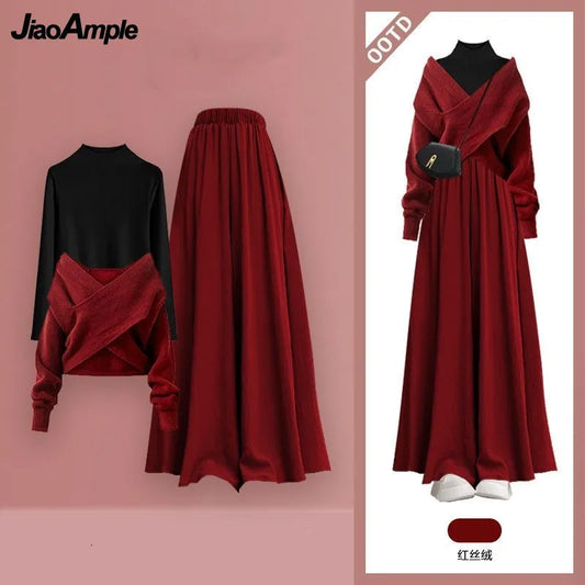Women's 2025 Autumn/Winter New Fashion In Matching Set Korean Elegant Knitted Sweater+Undershirt+Casual Skirt Pants 3-Piece Suit