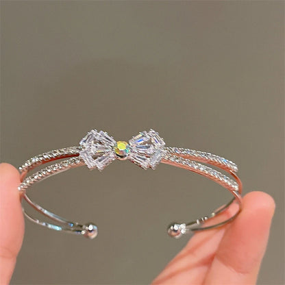 New Fashion Luxury Sweet Bow Zircon Silver Color Copper Open Bracelets for Women Shiny Full of Rhinestone Jewelry Party Gift