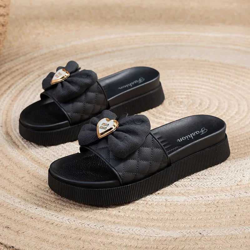 Summer Women Slippers Soft Outdoor Beach Sandals Home Love Bow Flip Flops Platform Non Slip Thick Sole Indoor Non Slip Slipper