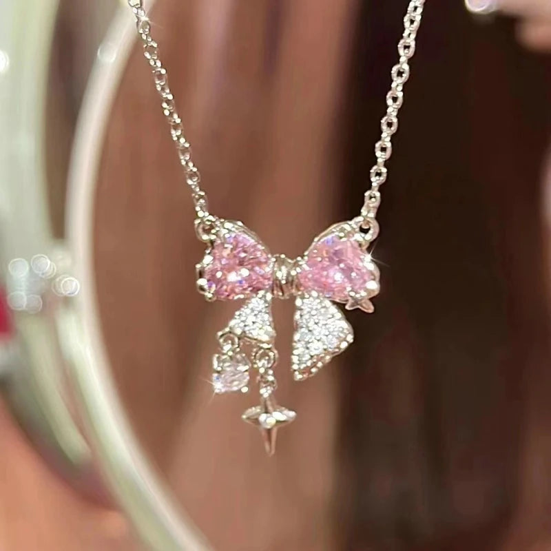 Kpop Fairy Zircon Wings Heart Crystal Pendant Necklace For Women Heart Clavicle Chain Choker Fashion Y2K Egirl Emo Jewelry Gifts