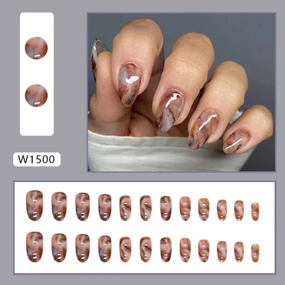 Fresh Green Tea 24 Pcs Fake Nail with Jelly sticker Press on False Nails Wearable Round Head Oval Full Cover Nail Tips