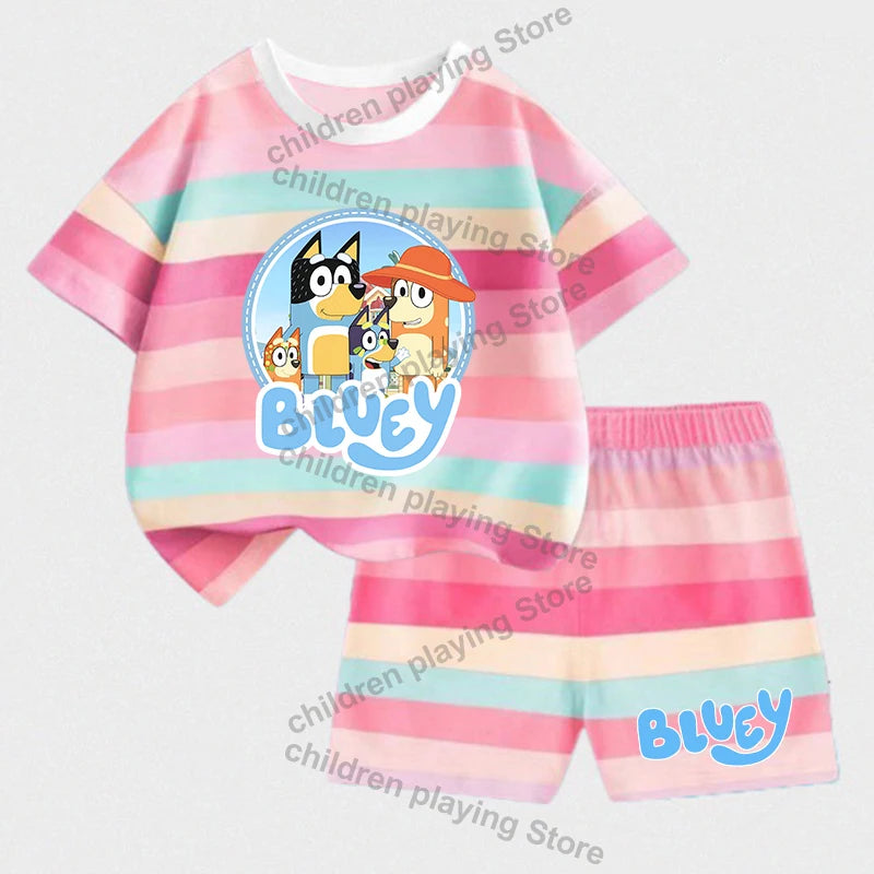 Blueyi Series Child Stripes Sets Summer Girls Boys T-Shirt Shorts Suits Cartoon Bingo Casual Sport Clothes Kids Sleepwear Gifts