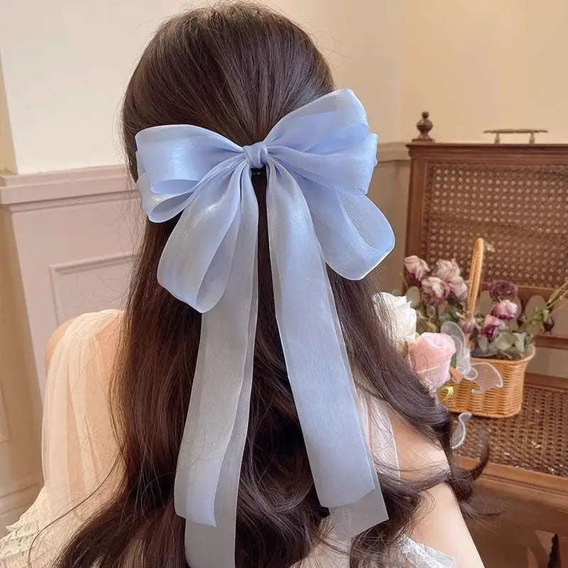Women Elegant Lace Bow Ribbon Hair Clips Solid Color Satin Заколка Бант Girls Korean Hairpins Party Headdress Hair Accessories