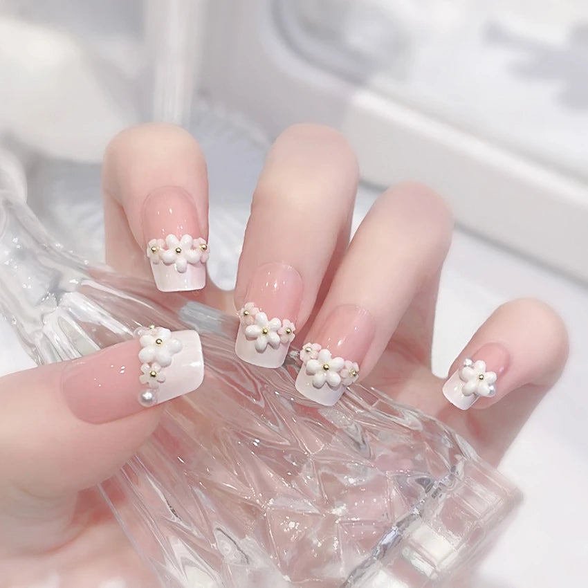 24Pcs/Set Pink Bow French Fake Nails Art Cute with Diamonds Girls Reusable Ballet Press on Nail Tips Oval Acrylic Stick on Nails