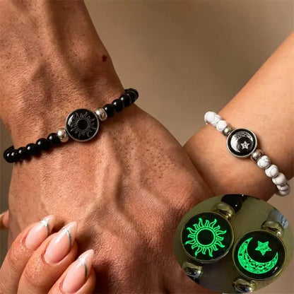 2 PCS/Set PU Leather Couple Bracelet For Women Lover Luminous Sun Moon Rope Charm Wristband Friendship Lover Party Jewelry Gifts