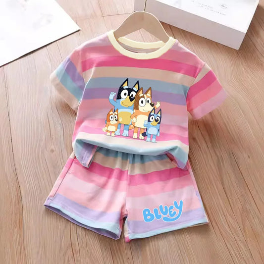 Blueyi Series Child Stripes Sets Summer Girls Boys T-Shirt Shorts Suits Cartoon Bingo Casual Sport Clothes Kids Sleepwear Gifts