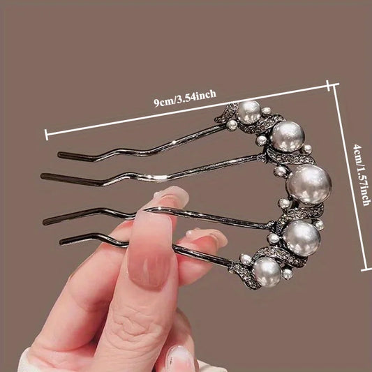 1/2pcs set of U-shaped Imitation Pearl hairpins for women, back-of-the-head bun artifact hairpin, four-tooth metal insert comb