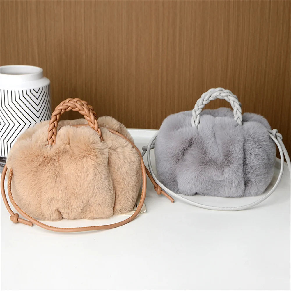 Autumn Winter Fashion Cute Tote Bags Women's Crossbody Pumpkin Plush Bag Solid Color Handbag Travel Shoulder Bags
