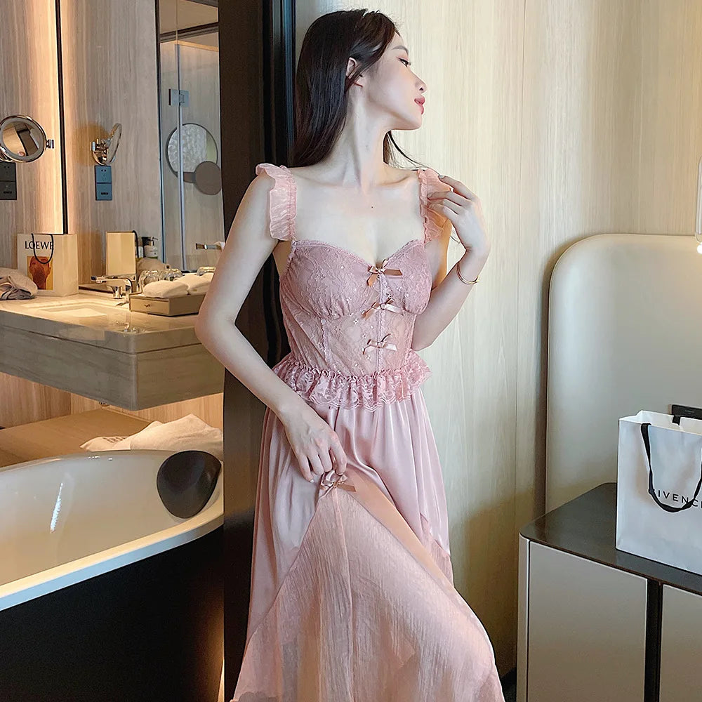 Sexy Long Wedding Twinset Robe Set Nightgown Patchwork Lace Suspender Nightdress Summer Bathrobe Gown Loose Silk Satin Homewear