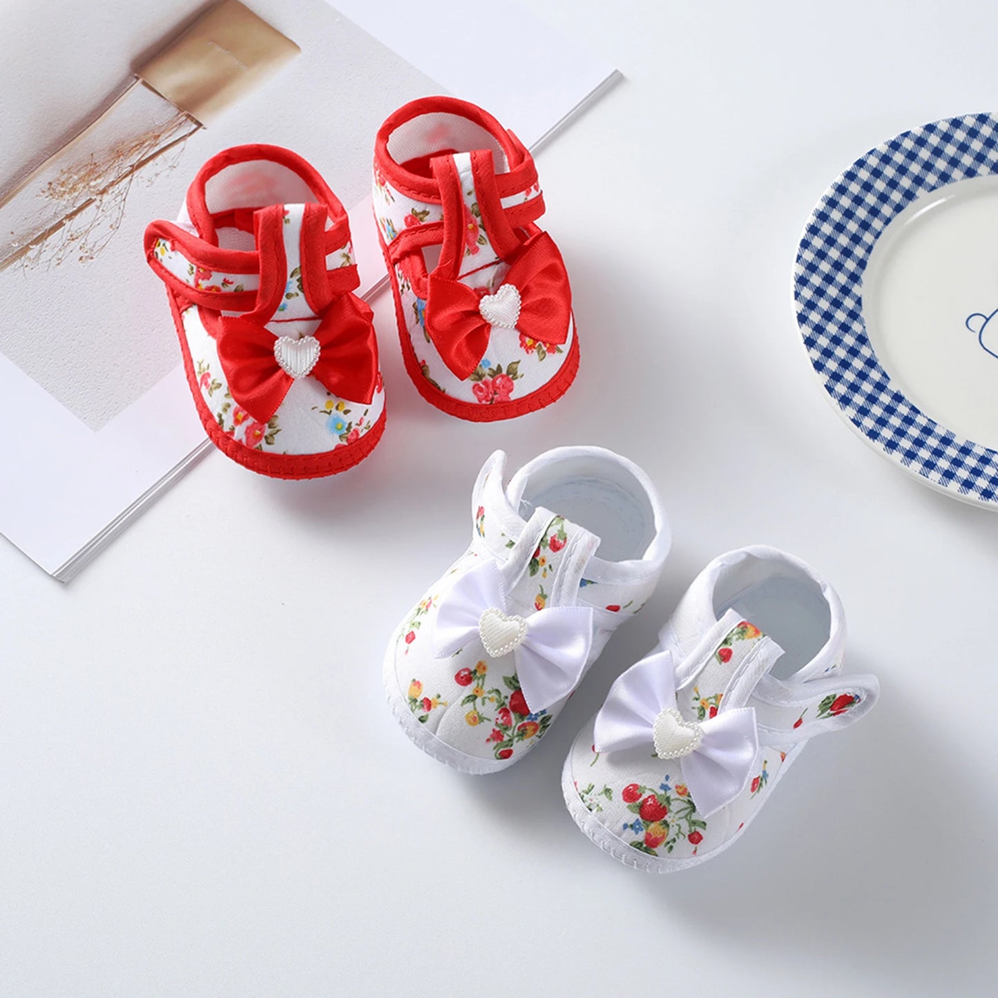 Baby Girls Flat Shoes, Soft Sole Bowknot Flower Print Non-slip Indoor Outdoor Toddler Shoes 0-12M