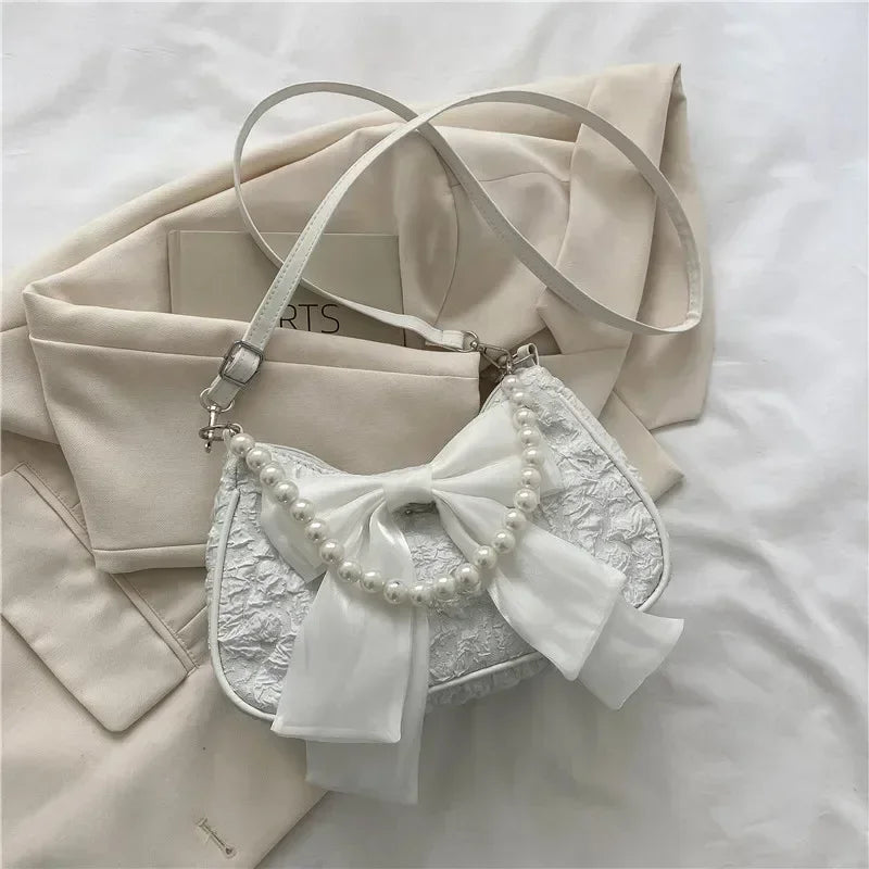 New Pearl Female Bag Retro Handbag Bow Crossbody Bags Fashion Canvas Women's 2025 Trend Shoulder Bag Purses for Girl