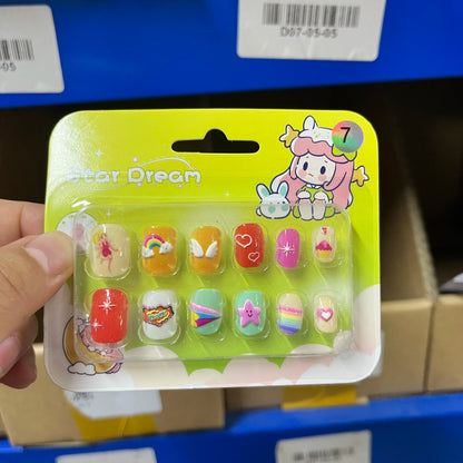12pcs Cute Kids Dress-Up Fake Nail Girls Press on Nails Princess Pretend Play Toy Nail Tips Self-adhesive Children False Nails *
