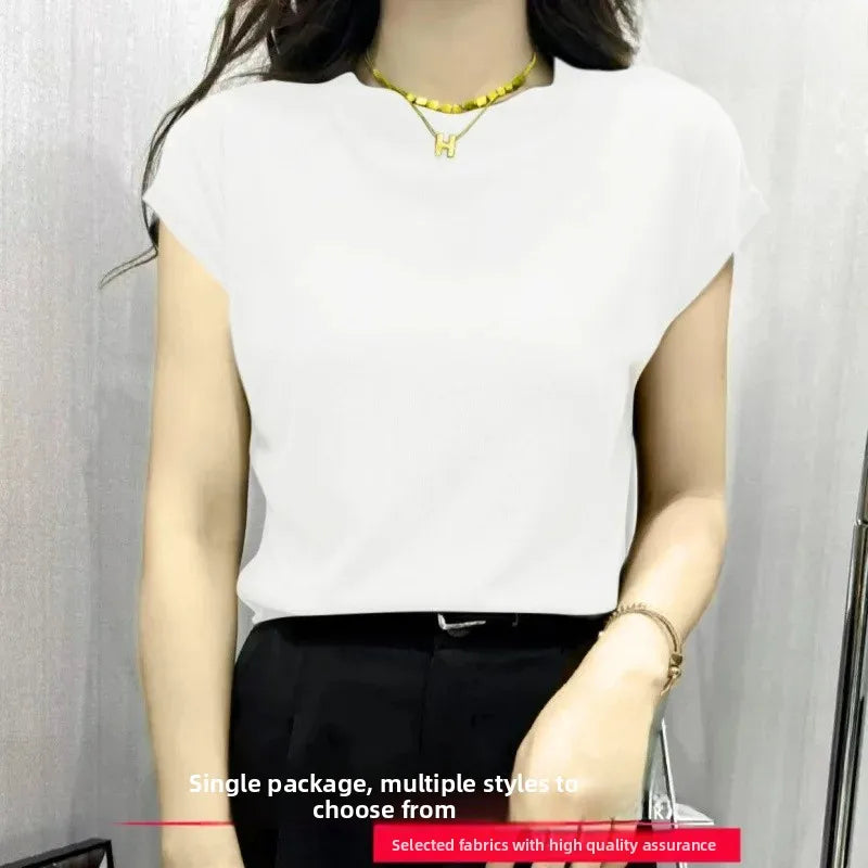 High Elasticity Ice Silk Thread Summer New Loose Women's T-Shirt Short Sleeve Crew Neck Simple Style Pure Color Top
