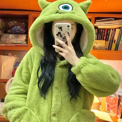Thick Coral Fleece Pajama Set Cute Big Eyes Character Home Wear Winter Comfortable Sleepwear Outerwear Suitable for All Genders