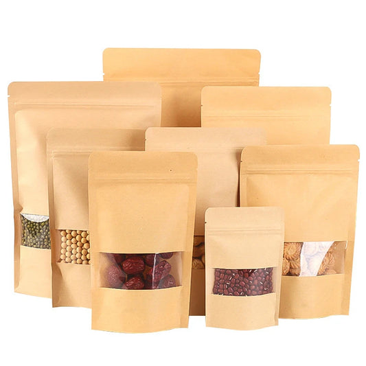 20/50pcs Kraft Paper Zip Lock Bags with Clear Window Reusable Packing Stand Up Gift Dried Food Fruit Tea Self Sealing Pouches