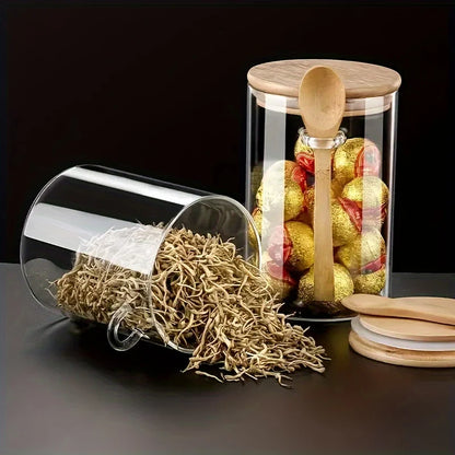 4pcs Set Glass Sealed Jars with Spoons & Bamboo Lids - Leakproof Kitchen Storage for Grains, Tea, Coffee Beans & Spices