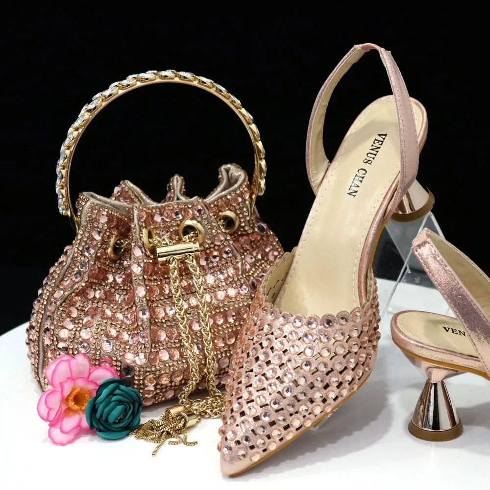 Venus Chan Pointed Toe Heels for Women 2023 Elegant Party Wine Color Full Diamond Pumps Italian Shoes and Bags Matching Set