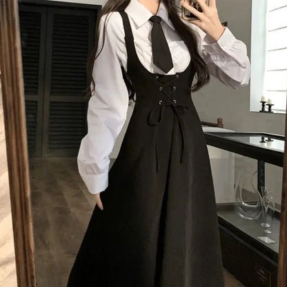 Japanese Style Preppy Fit Waist-Conscious Slimming Crossbody Dress Women's Loose Medium-Length Tank Dress Versatile Korean Versi