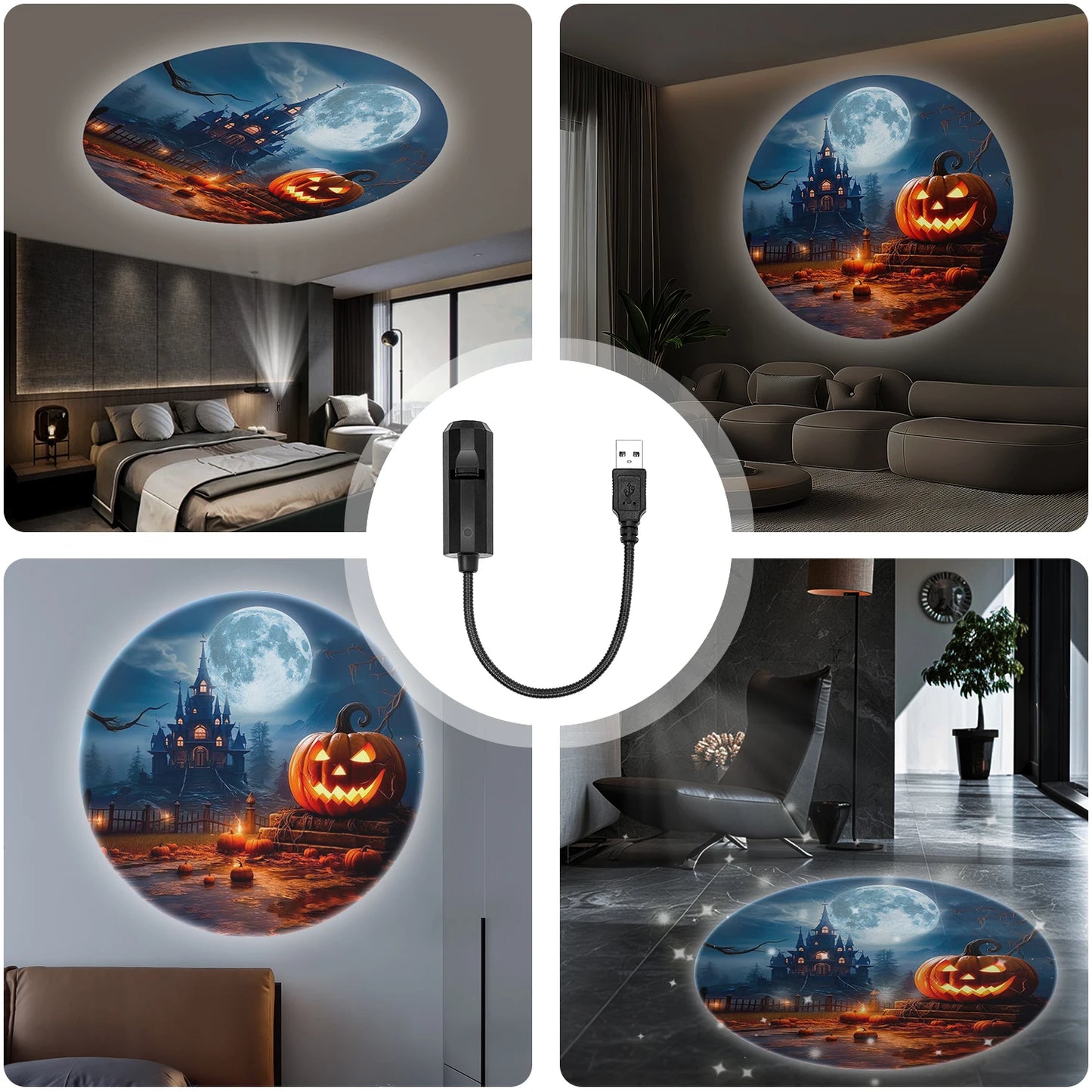 LED atmosphere projection light, pumpkin head and castle creative design, Halloween atmosphere light, USB lamp lighting