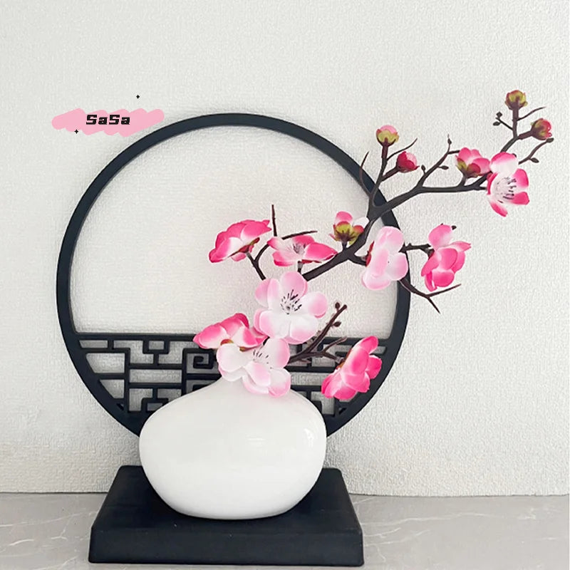 1Pc 15cm Elegant Artificial Plum Blossom Bonsai Set with Screen Base Chinese-Inspired Home & Office Decor Includes Pot