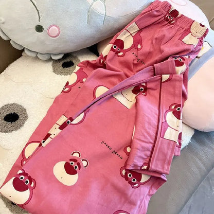 Disney Cartoon Strawberry Bear Home Outfit Women's Long Sleeved Pants Pijama Sleepwear for Sleeping Pajama Sets